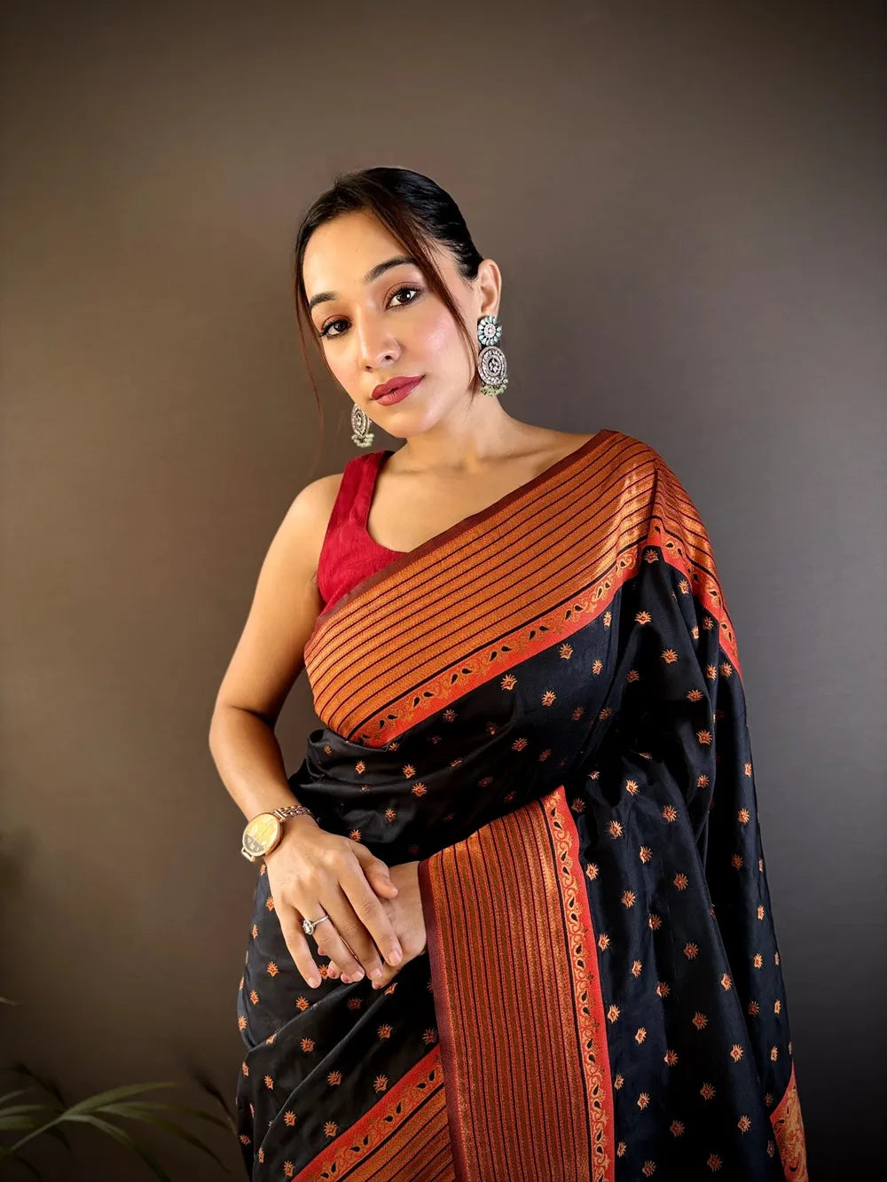 Paithani Silk Saree with Rich Copper Zari Weaving & Free Blouse (Black)